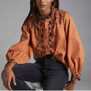 HTF Anthropologie Scalloped Embroidered Buttondown